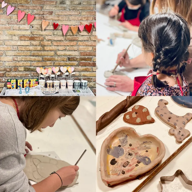 Niños pintando y modelando piezas de cerámica en un taller de cumpleaños